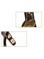 Black velvet sandals with a high block heel, featuring strap closure with a buckle. Gold leather insole