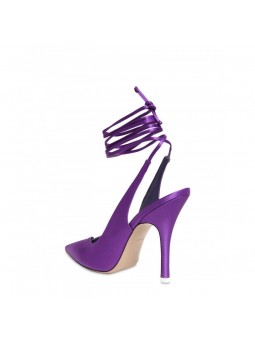 Purple satin pumps with elegant intertwined straps.