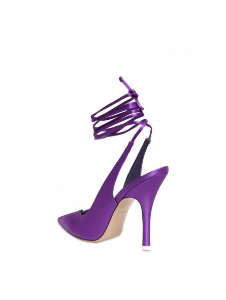 Purple satin pumps with elegant intertwined straps.