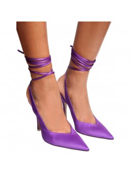 Purple satin pumps with elegant intertwined straps.