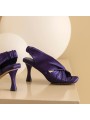 Purple satin square-toe high-heel mules featuring an elasticated back strap and leather insole.