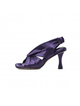 Purple satin square-toe high-heel mules featuring an elasticated back strap and leather insole.