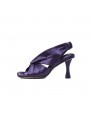 Purple satin square-toe high-heel mules featuring an elasticated back strap and leather insole.