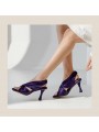 Purple satin square-toe high-heel mules featuring an elasticated back strap and leather insole.