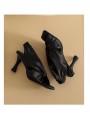 Black satin square-toe high-heel mules with an elasticated back strap and leather insole.