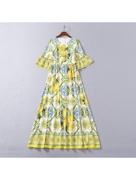 Maniola Yellow lemon and majolica print long dress Size Small