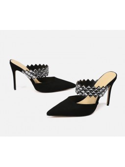 Elegant black suede high-heeled sandals with a strap adorned with rhinestones for a glamorous touch.