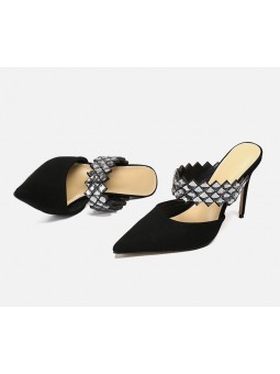 Elegant black suede high-heeled sandals with a strap adorned with rhinestones for a glamorous touch.