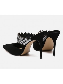 Elegant black suede high-heeled sandals with a strap adorned with rhinestones for a glamorous touch.