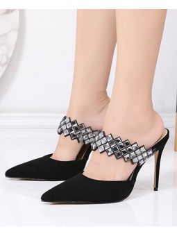 Elegant black suede high-heeled sandals with a strap adorned with rhinestones for a glamorous touch.