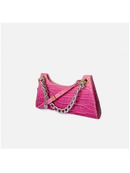 Elegant crocodile-embossed leather shoulder bag with a raspberry gradient finish and gold-tone accents.