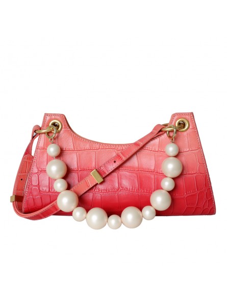 Elegant crocodile-embossed leather shoulder bag with a raspberry gradient finish and gold-tone accents.