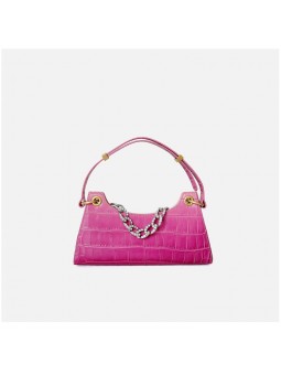 Elegant crocodile-embossed leather shoulder bag with a raspberry gradient finish and gold-tone accents.