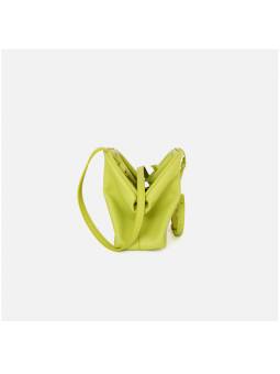 Pistachio green V-shaped cowhide leather handbag with magnetic frame and metallic silver finish