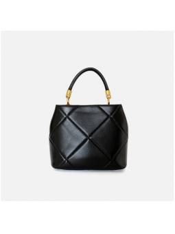 Black quilted studded leather handbag with sliding chain and protective feet. Gold finish for a refined look.