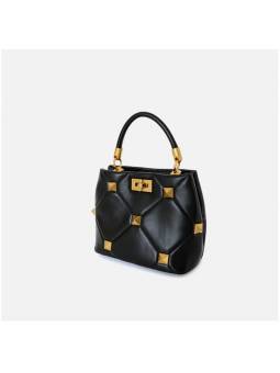 Black quilted studded leather handbag with sliding chain and protective feet. Gold finish for a refined look.