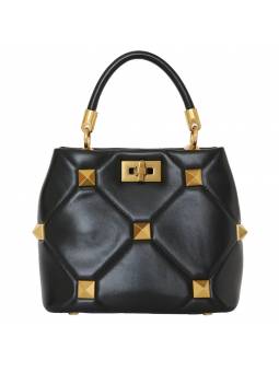 Black quilted studded leather handbag with sliding chain and protective feet. Gold finish for a refined look.