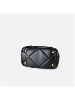 Black quilted studded leather handbag with sliding chain and protective feet. Gold finish for a refined look.