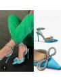 Double bow blue satin pumps for women with stilleto heel and pointed toe