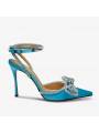 Double bow blue satin pumps for women with stilleto heel and pointed toe