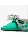 Double bow green satin pumps for women with stilleto heel and pointed toe