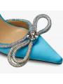 Double bow blue satin pumps for women with stilleto heel and pointed toe