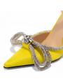 Double bow yellow satin pumps for women with stilleto heel and pointed toe