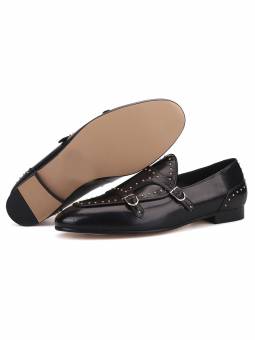 Black genuine Leather Loafer  with Studs and a small heel for men