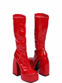 Patent leather square toe platform boots colored red