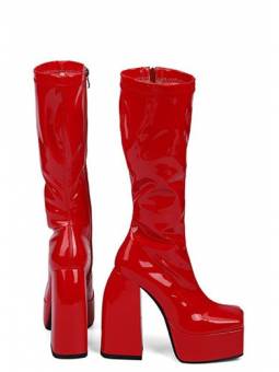 Patent leather square toe platform boots colored red