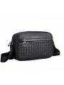 Men's black woven leather shoulder pouch, adorned with silver-tone metal finishes