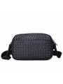 Men's black woven leather shoulder pouch, adorned with silver-tone metal finishes