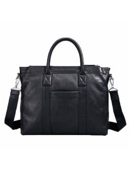 Men's  black soft leather briefcase, featuring silver-tone metal finishes and two top handles.