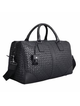 Men's black woven leather travel bag with adjustable shoulder strap for comfortable and stylish carrying