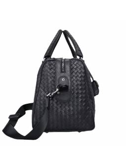 Men's black woven leather travel bag with adjustable shoulder strap for comfortable and stylish carrying