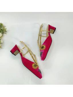 Scarpe con tacco da donna in velluto rosso-rosa con ornamenti in cristallo