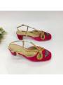 Scarpe con tacco da donna in velluto rosso-rosa con ornamenti in cristallo