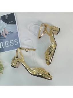 ​Sandalias de tacón alto para mujer en color oro, adornadas con cristales brillantes, con plantilla de cuero genuino