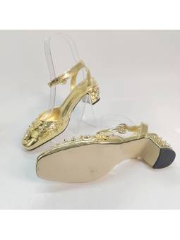 Sandales à talons hauts pour femme, coloris or, ornées de cristaux étincelants, avec semelle intérieure en cuir véritable