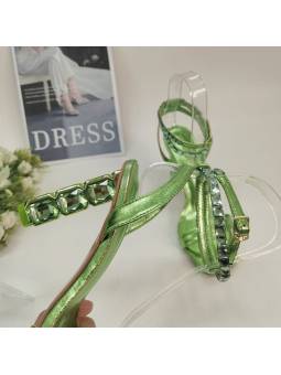 ​Green stiletto-heeled lace-up sandals for women, adorned with sparkling crystals