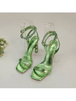 ​Green stiletto-heeled lace-up sandals for women, adorned with sparkling crystals