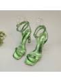 ​Green stiletto-heeled lace-up sandals for women, adorned with sparkling crystals