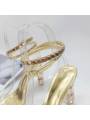 Gold stiletto-heeled lace-up sandals for women, adorned with sparkling crystals