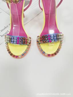 Multicolored stiletto heel lace-up sandals for women, adorned with sparkling crystals