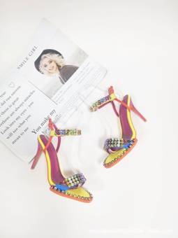 Multicolored stiletto heel lace-up sandals for women, adorned with sparkling crystals