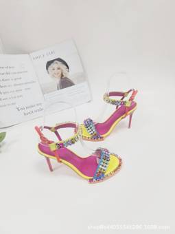 Multicolored stiletto heel lace-up sandals for women, adorned with sparkling crystals