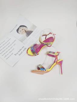 Multicolored stiletto heel lace-up sandals for women, adorned with sparkling crystals