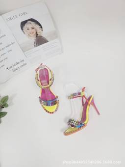 Sandalias multicolores de tacón de aguja con cordones para mujer, adornadas con cristales brillantes