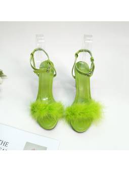 Green leather high-heeled sandals for women.