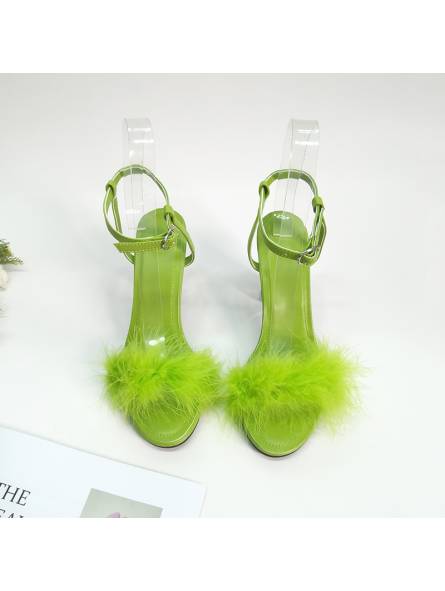 Green leather high-heeled sandals for women.